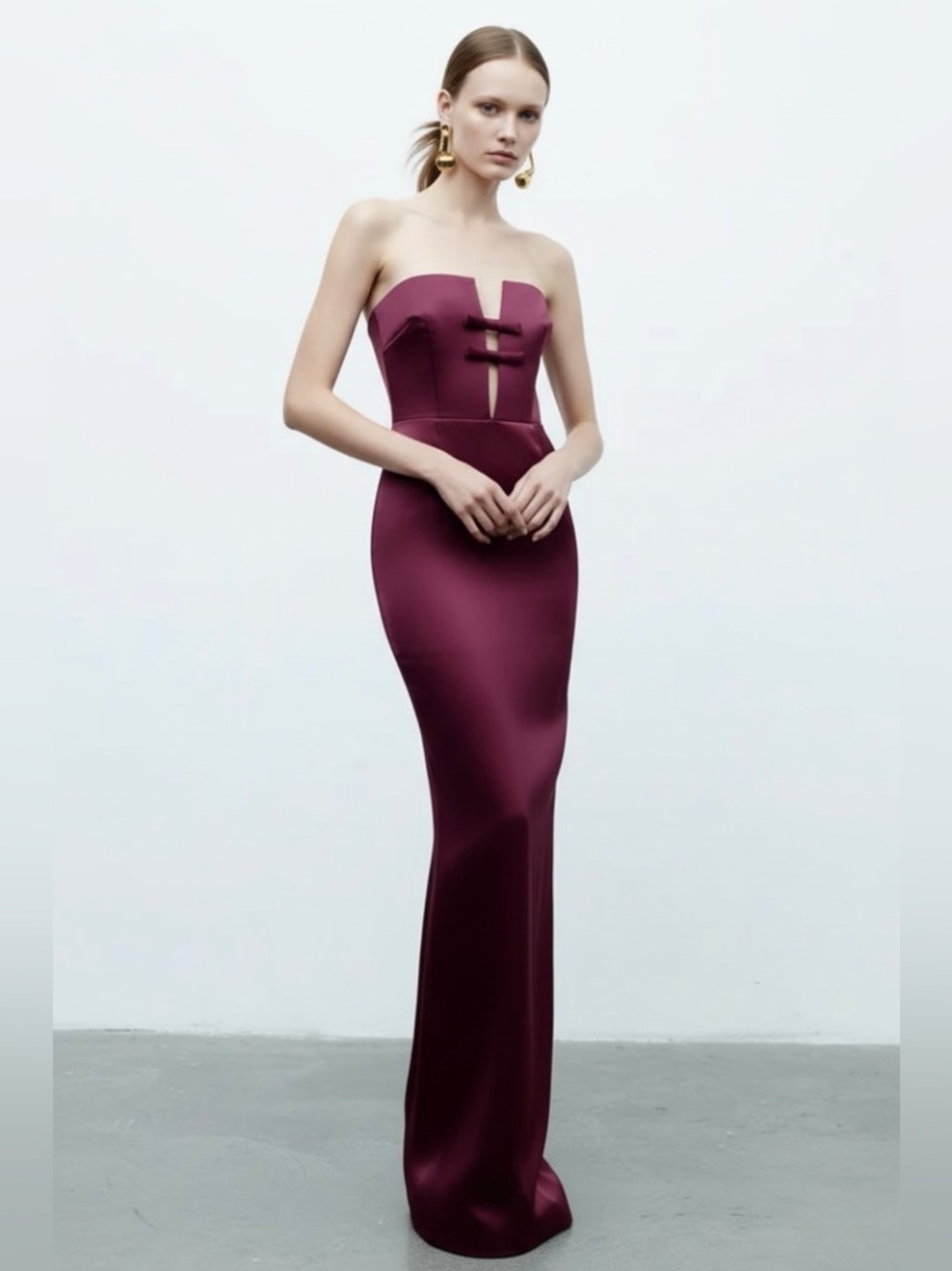The New Arrivals Noa Burgundy Strapless Bow Cutout Maxi Gown